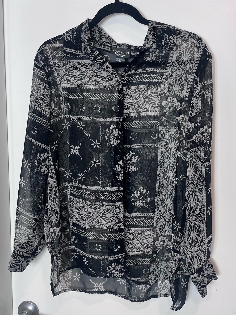 Notations Black White Patchwork Print Sheer Button-Up Floral Blouse Petite Larg